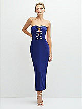 Front View Thumbnail - Cobalt Blue Rhinestone Bow Trimmed Peek-a-Boo Deep-V Midi Dress with Pencil Skirt
