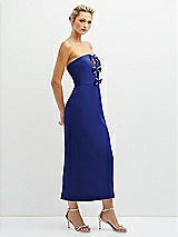 Side View Thumbnail - Cobalt Blue Rhinestone Bow Trimmed Peek-a-Boo Deep-V Midi Dress with Pencil Skirt