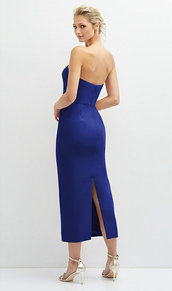 Back View - Cobalt Blue Rhinestone Bow Trimmed Peek-a-Boo Deep-V Midi Dress with Pencil Skirt