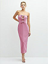 Front View Thumbnail - Powder Pink Rhinestone Bow Trimmed Peek-a-Boo Deep-V Midi Dress with Pencil Skirt