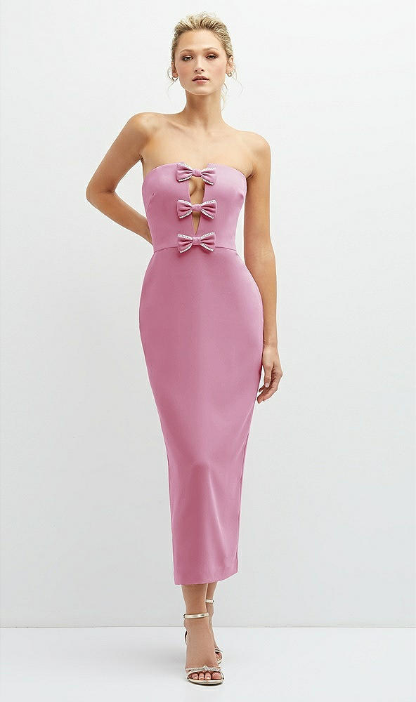 Front View - Powder Pink Rhinestone Bow Trimmed Peek-a-Boo Deep-V Midi Dress with Pencil Skirt