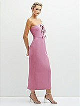 Side View Thumbnail - Powder Pink Rhinestone Bow Trimmed Peek-a-Boo Deep-V Midi Dress with Pencil Skirt