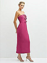 Side View Thumbnail - Tea Rose Rhinestone Bow Trimmed Peek-a-Boo Deep-V Midi Dress with Pencil Skirt