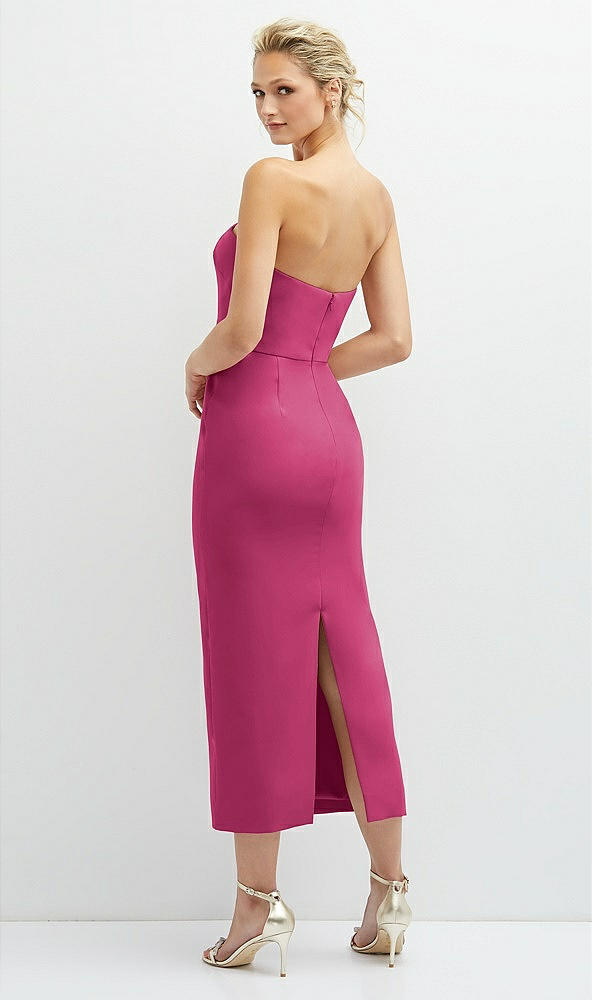 Back View - Tea Rose Rhinestone Bow Trimmed Peek-a-Boo Deep-V Midi Dress with Pencil Skirt