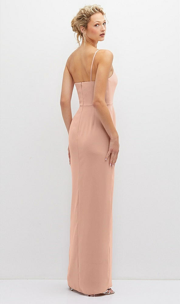 Back View - Pale Peach Sleek One-Shoulder Crepe Column Dress with Cut-Away Slit