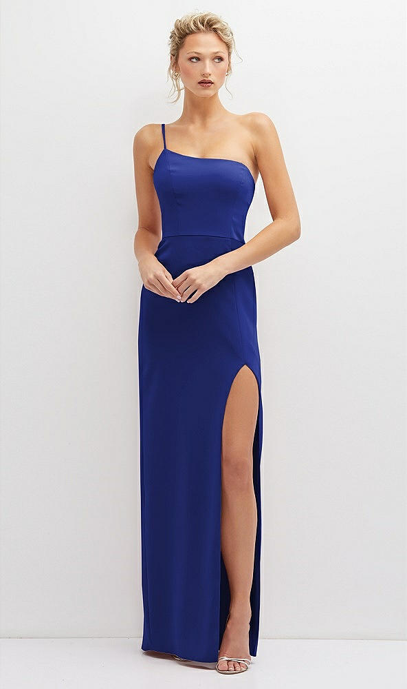 Front View - Cobalt Blue Sleek One-Shoulder Crepe Column Dress with Cut-Away Slit