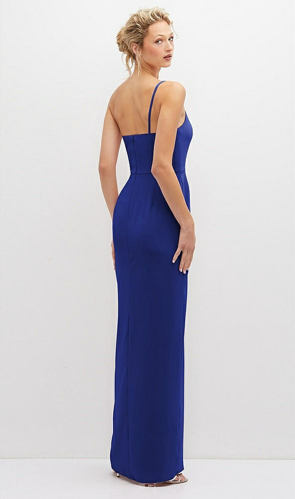 Back View - Cobalt Blue Sleek One-Shoulder Crepe Column Dress with Cut-Away Slit