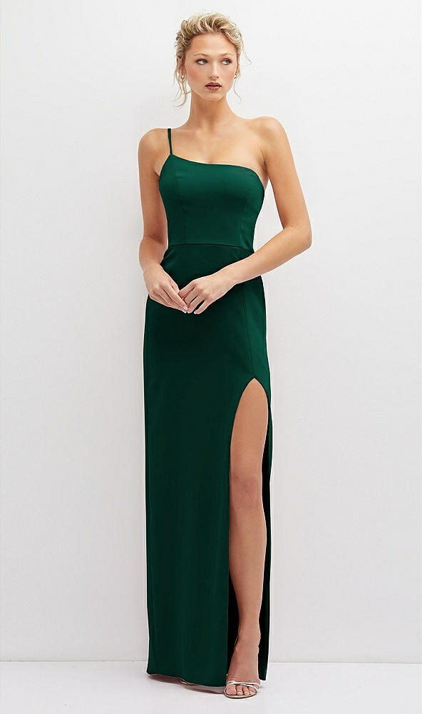 Front View - Hunter Green Sleek One-Shoulder Crepe Column Dress with Cut-Away Slit