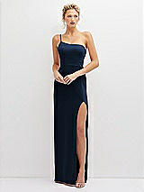 Front View Thumbnail - Midnight Navy Sleek One-Shoulder Crepe Column Dress with Cut-Away Slit