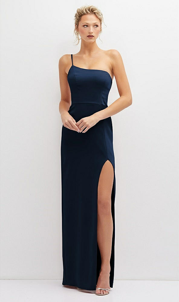 Front View - Midnight Navy Sleek One-Shoulder Crepe Column Dress with Cut-Away Slit