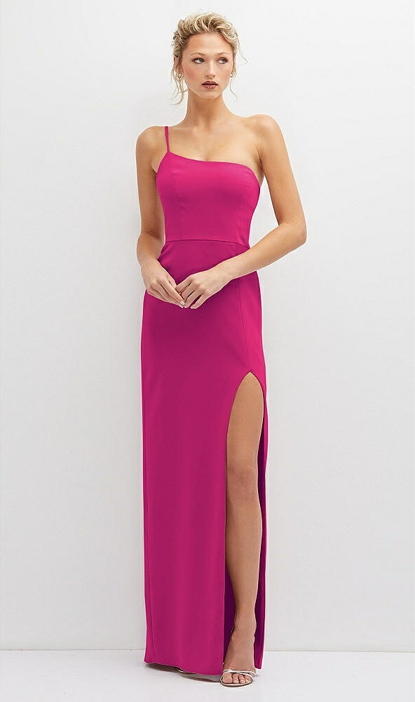 Front View - Think Pink Sleek One-Shoulder Crepe Column Dress with Cut-Away Slit