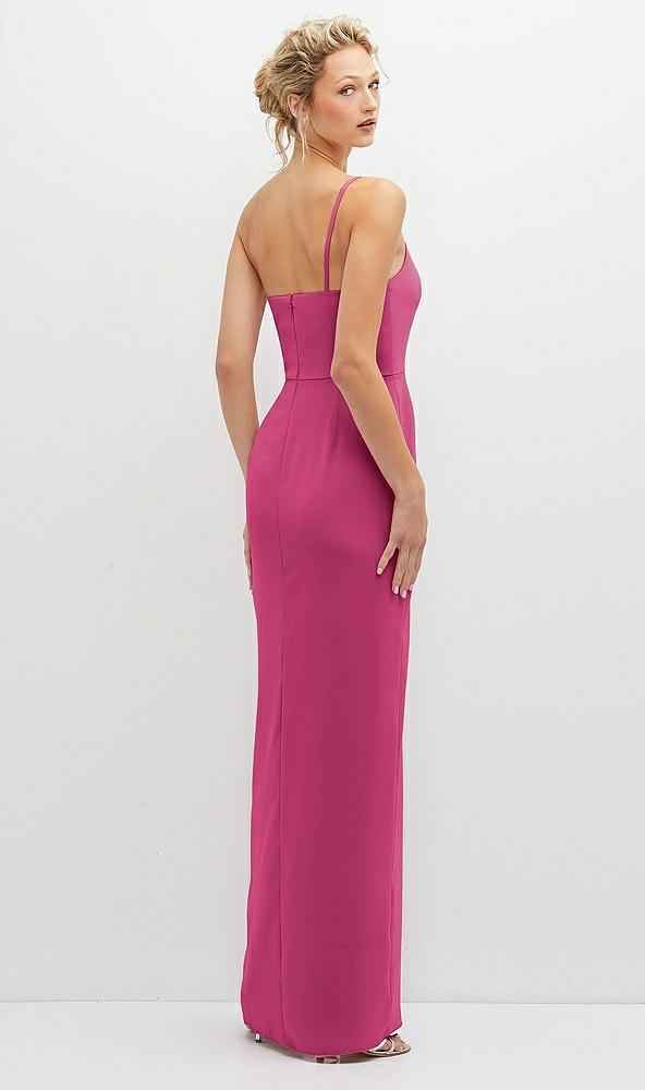 Back View - Tea Rose Sleek One-Shoulder Crepe Column Dress with Cut-Away Slit