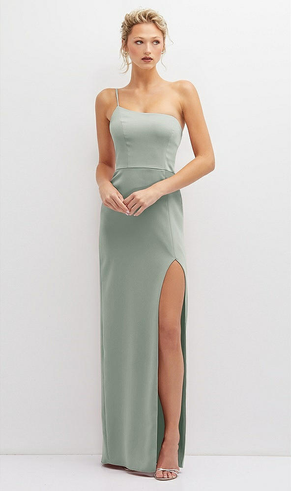 Front View - Willow Green Sleek One-Shoulder Crepe Column Dress with Cut-Away Slit