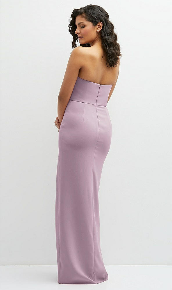 Back View - Suede Rose Sleek Strapless Crepe Column Dress with Cut-Away Slit