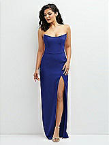 Front View Thumbnail - Cobalt Blue Sleek Strapless Crepe Column Dress with Cut-Away Slit