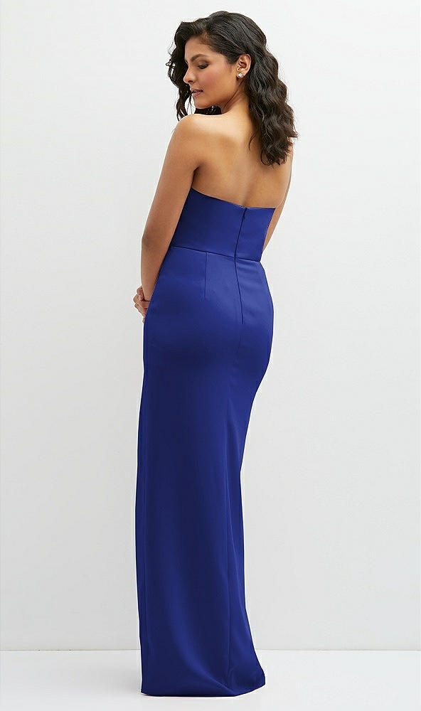 Back View - Cobalt Blue Sleek Strapless Crepe Column Dress with Cut-Away Slit