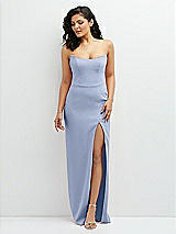 Front View Thumbnail - Sky Blue Sleek Strapless Crepe Column Dress with Cut-Away Slit