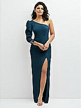 Front View Thumbnail - Atlantic Blue 3/4 Puff Sleeve One-shoulder Maxi Dress with Rhinestone Bow Detail