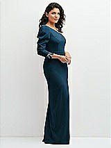 Side View Thumbnail - Atlantic Blue 3/4 Puff Sleeve One-shoulder Maxi Dress with Rhinestone Bow Detail
