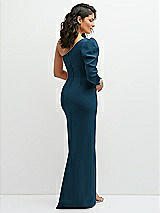 Rear View Thumbnail - Atlantic Blue 3/4 Puff Sleeve One-shoulder Maxi Dress with Rhinestone Bow Detail