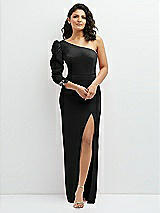Front View Thumbnail - Black 3/4 Puff Sleeve One-shoulder Maxi Dress with Rhinestone Bow Detail
