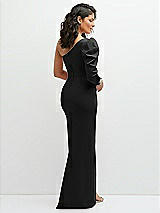 Rear View Thumbnail - Black 3/4 Puff Sleeve One-shoulder Maxi Dress with Rhinestone Bow Detail
