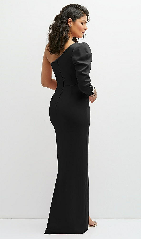 Back View - Black 3/4 Puff Sleeve One-shoulder Maxi Dress with Rhinestone Bow Detail