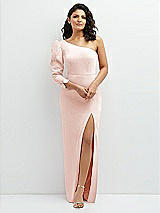 Front View Thumbnail - Blush 3/4 Puff Sleeve One-shoulder Maxi Dress with Rhinestone Bow Detail
