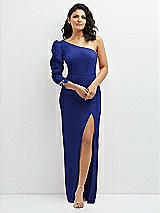 Front View Thumbnail - Cobalt Blue 3/4 Puff Sleeve One-shoulder Maxi Dress with Rhinestone Bow Detail