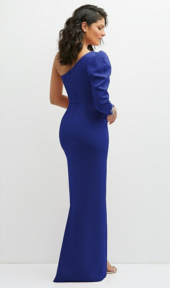 Back View - Cobalt Blue 3/4 Puff Sleeve One-shoulder Maxi Dress with Rhinestone Bow Detail