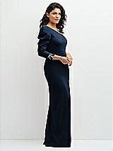 Side View Thumbnail - Midnight Navy 3/4 Puff Sleeve One-shoulder Maxi Dress with Rhinestone Bow Detail
