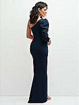 Rear View Thumbnail - Midnight Navy 3/4 Puff Sleeve One-shoulder Maxi Dress with Rhinestone Bow Detail