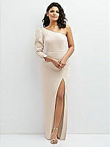 Front View Thumbnail - Oat 3/4 Puff Sleeve One-shoulder Maxi Dress with Rhinestone Bow Detail
