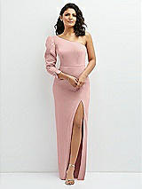Front View Thumbnail - Rose - PANTONE Rose Quartz 3/4 Puff Sleeve One-shoulder Maxi Dress with Rhinestone Bow Detail