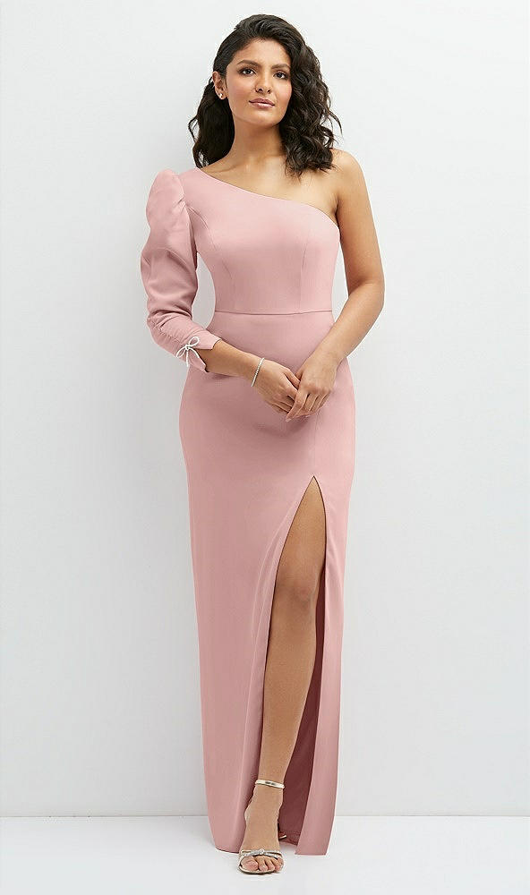 Front View - Rose - PANTONE Rose Quartz 3/4 Puff Sleeve One-shoulder Maxi Dress with Rhinestone Bow Detail