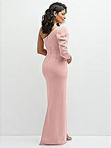 Rear View Thumbnail - Rose - PANTONE Rose Quartz 3/4 Puff Sleeve One-shoulder Maxi Dress with Rhinestone Bow Detail