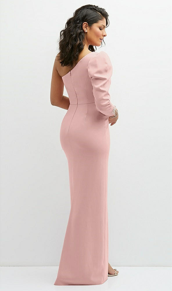 Back View - Rose - PANTONE Rose Quartz 3/4 Puff Sleeve One-shoulder Maxi Dress with Rhinestone Bow Detail