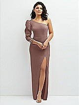 Front View Thumbnail - Sienna 3/4 Puff Sleeve One-shoulder Maxi Dress with Rhinestone Bow Detail