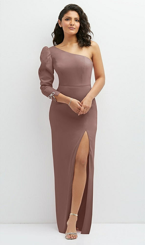 Front View - Sienna 3/4 Puff Sleeve One-shoulder Maxi Dress with Rhinestone Bow Detail