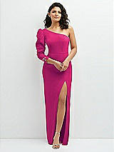 Front View Thumbnail - Think Pink 3/4 Puff Sleeve One-shoulder Maxi Dress with Rhinestone Bow Detail
