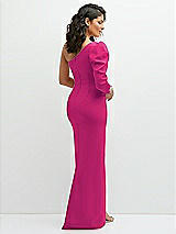 Rear View Thumbnail - Think Pink 3/4 Puff Sleeve One-shoulder Maxi Dress with Rhinestone Bow Detail