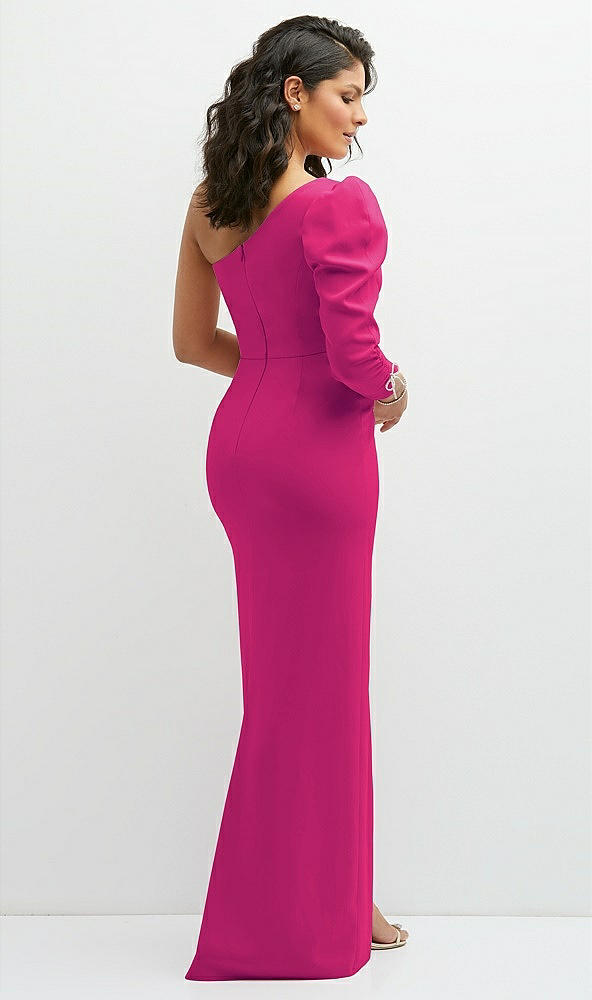 Back View - Think Pink 3/4 Puff Sleeve One-shoulder Maxi Dress with Rhinestone Bow Detail