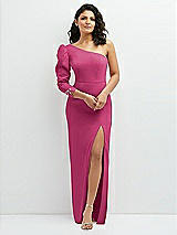 Front View Thumbnail - Tea Rose 3/4 Puff Sleeve One-shoulder Maxi Dress with Rhinestone Bow Detail