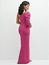 Rear View Thumbnail - Tea Rose 3/4 Puff Sleeve One-shoulder Maxi Dress with Rhinestone Bow Detail