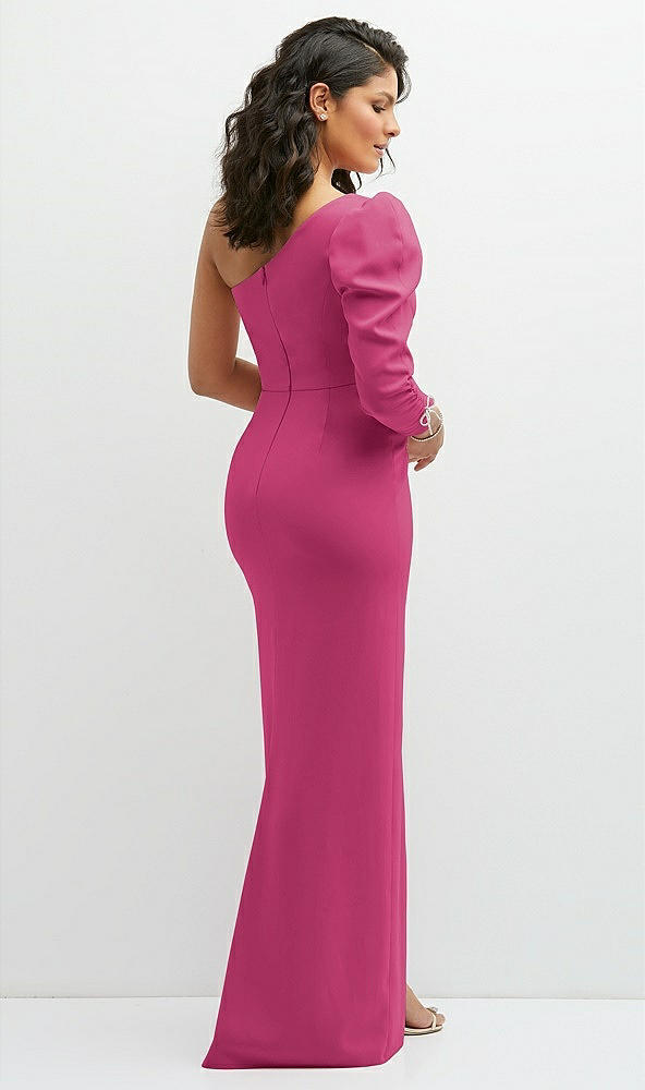 Back View - Tea Rose 3/4 Puff Sleeve One-shoulder Maxi Dress with Rhinestone Bow Detail