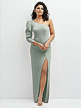 Front View Thumbnail - Willow Green 3/4 Puff Sleeve One-shoulder Maxi Dress with Rhinestone Bow Detail