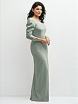 Side View Thumbnail - Willow Green 3/4 Puff Sleeve One-shoulder Maxi Dress with Rhinestone Bow Detail