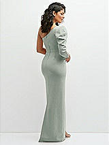 Rear View Thumbnail - Willow Green 3/4 Puff Sleeve One-shoulder Maxi Dress with Rhinestone Bow Detail