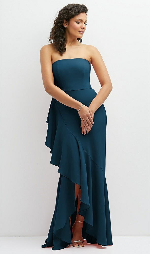Front View - Atlantic Blue Strapless Crepe Maxi Dress with Ruffle Edge Bias Wrap Skirt