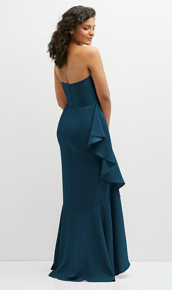 Back View - Atlantic Blue Strapless Crepe Maxi Dress with Ruffle Edge Bias Wrap Skirt
